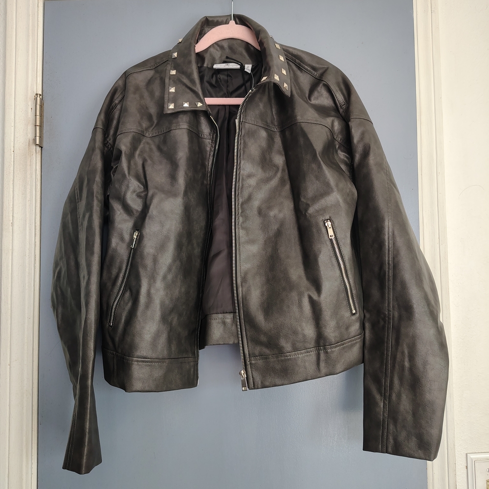 Women's Black Leather Jacket with Studded Collar